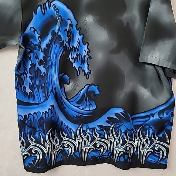 C-Two Mens XXL Hawaiian Shirt Black Gray Blue Wave Graphic Graffiti Design - Picture 14 of 14